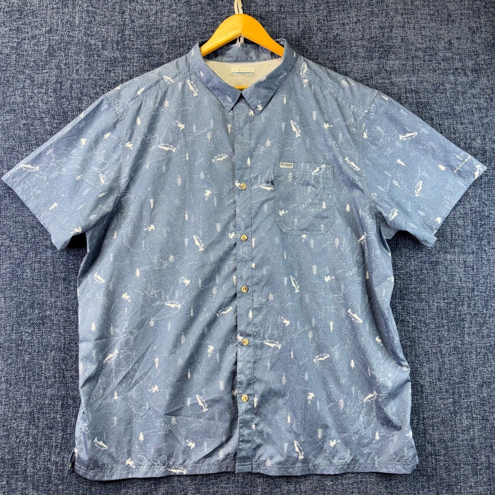 Columbia PFG Fishing Shirt Mens XXL Blue Polyester Relaxed Topo Fish Print